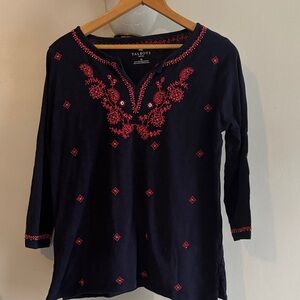 Talbots Navy Tunic with Red Floral Embroidery